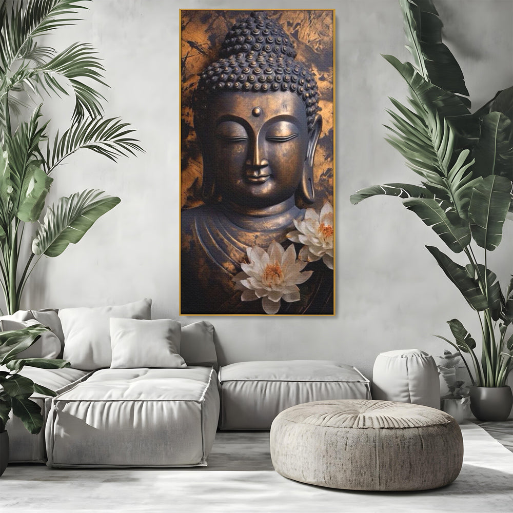 Tablou canvas cu tablou canvas cu buddha si flori de lotus, in rama de aluminiu auriu, pe perete intr-un living
